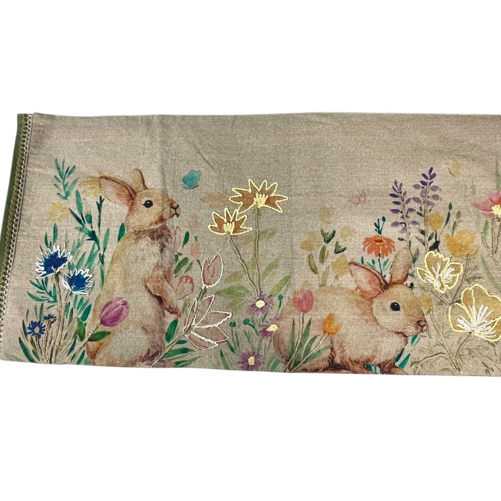 Rachel Zoe 72” Table Runner Beige Bunny Floral Print Easter Holiday Cottage Tan - Picture 4 of 8